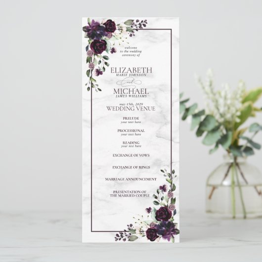 Formele Plum Paarse Waterverf bruiloft programma Programmakaart (Staand voorkant)