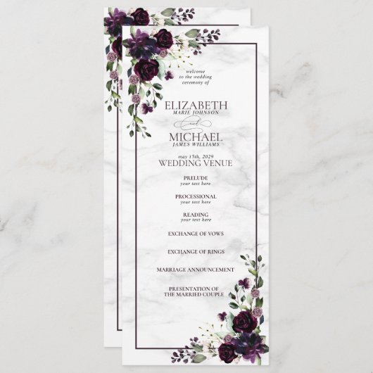 Formele Plum Paarse Waterverf bruiloft programma Programmakaart (Voorkant / Achterkant)