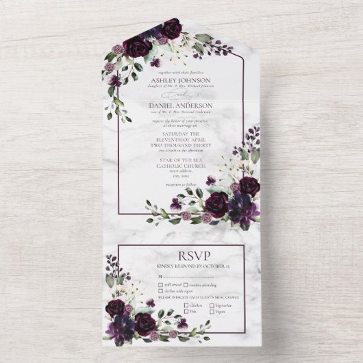 Formele pruimenbloem Paarse Waterverf bruiloft All In One Uitnodiging (Binnen)