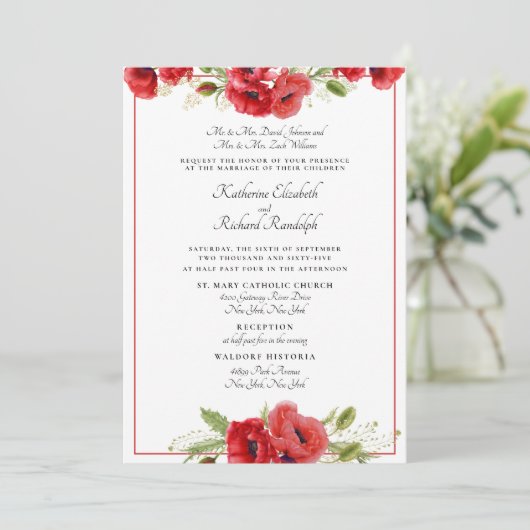 Formele Rode Bloemen 2 Zalen Huwelijksuitnodiging Kaart (Staand voorkant)