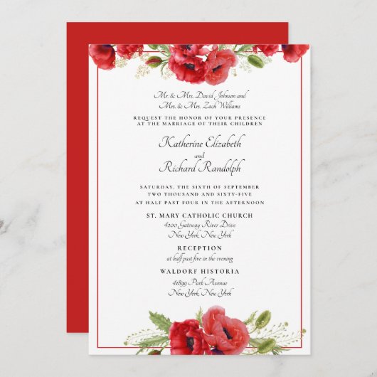 Formele Rode Bloemen 2 Zalen Huwelijksuitnodiging Kaart (Voorkant / Achterkant)