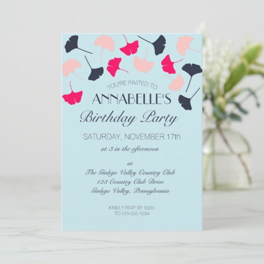 Formele Roze en Blauwe Ginkgo verlaat Verjaardagsf Kaart (Staand voorkant)