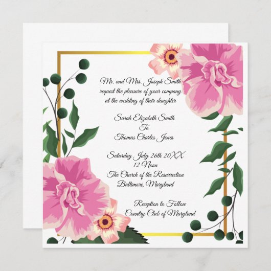 Formele Roze en Groene Bloemen Bruiloft Kaart (Voorkant / Achterkant)