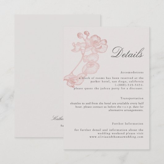 Formele Roze Orchidee Huwelijksdetails Bijlagekaar Informatiekaartje (Voorkant / Achterkant)