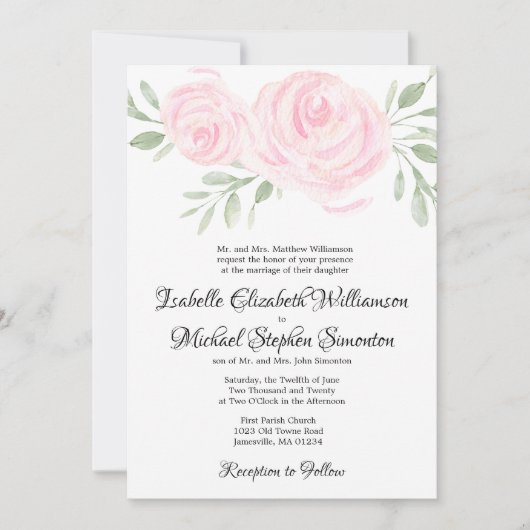 Formele roze Waterverf Floral Wedding Invitations Kaart (Voorkant)