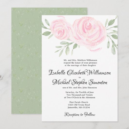 Formele roze Waterverf Floral Wedding Invitations Kaart (Voorkant / Achterkant)