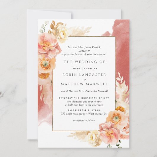 Formele Rust Peach Blush Oranje Waterverf bruiloft Kaart (Voorkant)