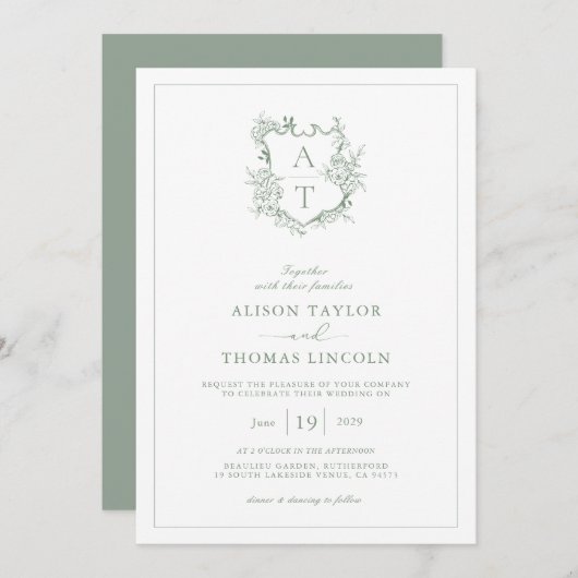 Formele rustdag Groene Monogram Weddenschap Kaart (Voorkant / Achterkant)