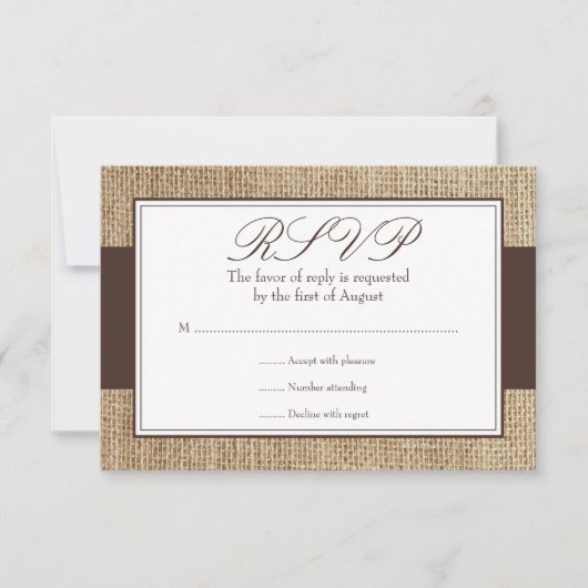 Formele Rustic Burlap Brown-reactiekaart RSVP Kaartje (Voorkant)