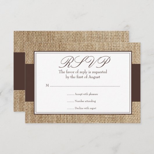 Formele Rustic Burlap Brown-reactiekaart RSVP Kaartje (Voorkant / Achterkant)