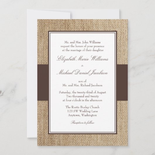 Formele Rustic Burlap Brown Wedding Invitations Kaart (Voorkant)