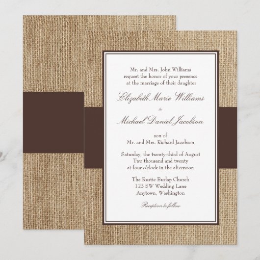Formele Rustic Burlap Brown Wedding Invitations Kaart (Voorkant / Achterkant)