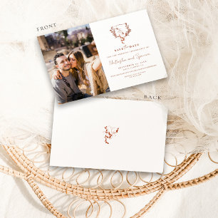 Formele rustieke Floral Crest Monogram Save the Da Save The Date