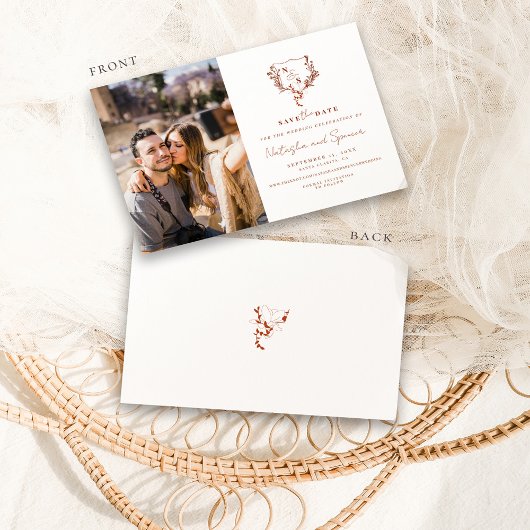 Formele rustieke Floral Crest Monogram Save the Da Save The Date