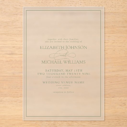 Formele Sage Green Classic Script Wedding Acryl Uitnodigingen (Voorkant)