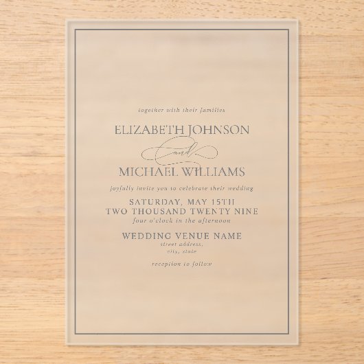 Formele Sage Green Classic Script Wedding Acryl Uitnodigingen (Voorkant)