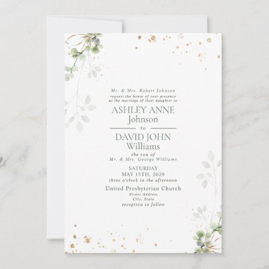 Formele Sage Green Greenery Gold Marble Wedding Kaart (Voorkant)