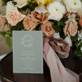 Formele Sage Green Leafy Crest Monogram Wedding IV Kaart
