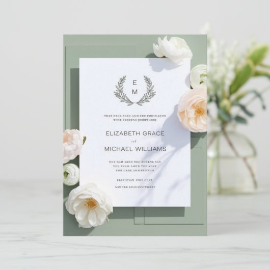Formele Sage Green Leafy Crest Monogram Wedding IV Kaart (Staand voorkant)