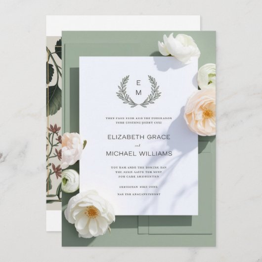Formele Sage Green Leafy Crest Monogram Wedding IV Kaart (Voorkant / Achterkant)