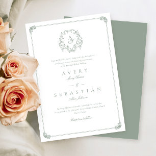 Formele Sage Green Monogram Huwelijk Kaart