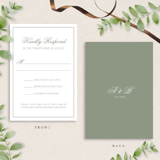 Formele Sage Green Monogram Script Border Wedding RSVP Kaartje