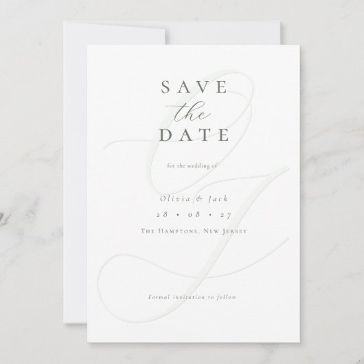 Formele Sage Green Script Fotobruiloft Save The Date (Voorkant)