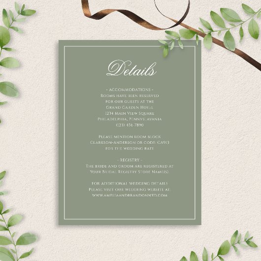 Formele Sage Green & White Border Wedding Details Informatiekaartje