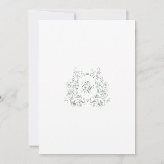 Formele Sage Groene Bloemen Crest Monogram Bruilof Kaart (Achterkant)