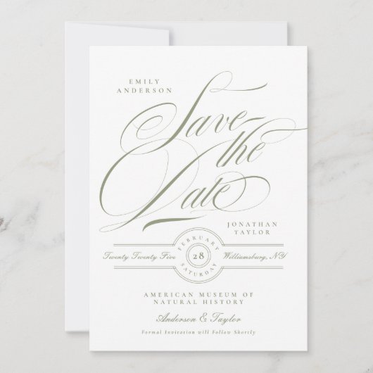 Formele Sage Groene Kalligrafie Zwart Stropdas Fot Save The Date (Voorkant)