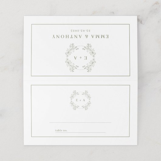 Formele  Sage Groene Monogram Bruiloft Plaatskaartje (Buitenkant ongevouwen)