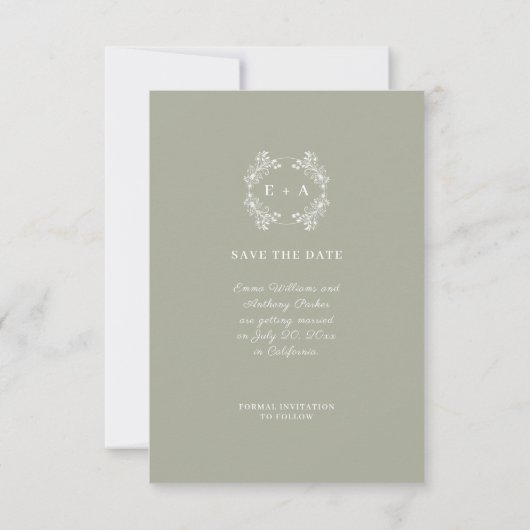 Formele  Sage Groene Monogram Bruiloft Save The Date (Achterkant)