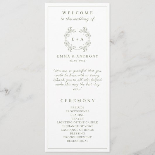 Formele  Sage Groene Monogram Huwelijksprogramma Programmakaart (Voorkant)