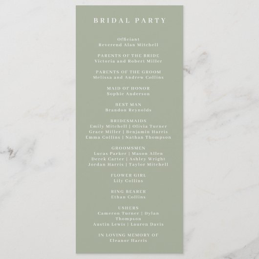 Formele  Sage Groene Monogram Huwelijksprogramma Programmakaart (Achterkant)