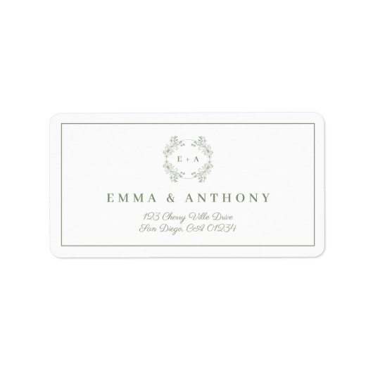 Formele Sage Groene Monogram Huwelijksscript Etiket (Voorkant)
