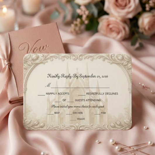 Formele schets van kathedraal in reliëfsteen RSVP kaartje