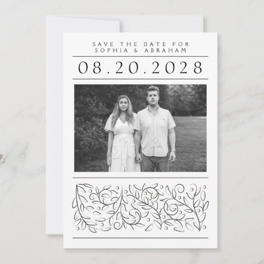 Formele schuifbladeren zwart-wit foto save the date (Voorkant)