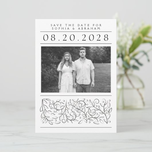 Formele schuifbladeren zwart-wit foto save the date (Staand voorkant)