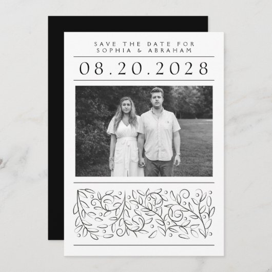 Formele schuifbladeren zwart-wit foto save the date (Voorkant / Achterkant)