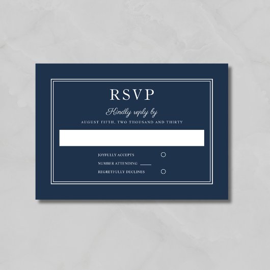 Formele script Navy Blue Huwelijks RSVP Kaart
