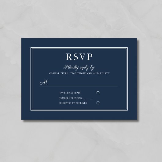 Formele script Navy Blue trouw-RSVP kaart