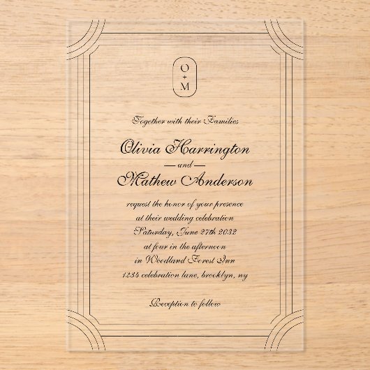 Formele Script w / Geometrische Lijst Monogram Wed Acryl Uitnodigingen (Voorkant)