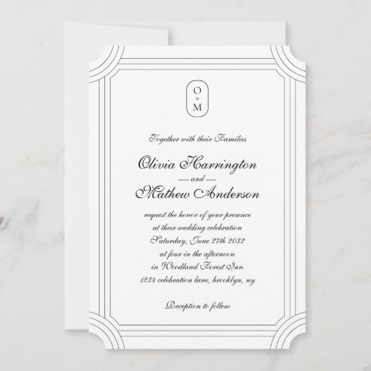 Formele Script w / Geometrische Lijst Monogram Wed Kaart (Voorkant)