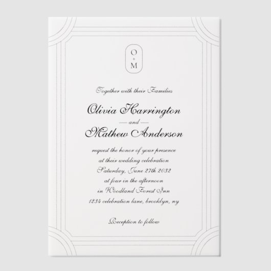 Formele Script w / Geometrische Lijst Monogram Wed Vellum Uitnodigingen (Voorkant)