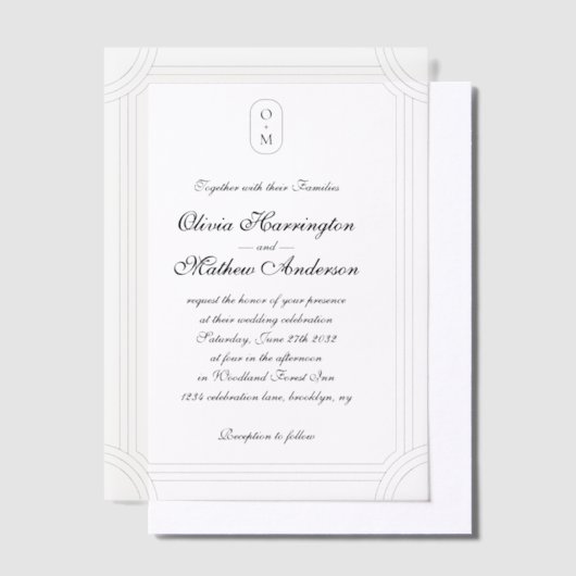 Formele Script w / Geometrische Lijst Monogram Wed Vellum Uitnodigingen (Offset)