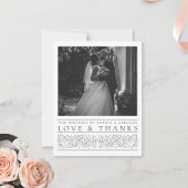 Formele scrollen bladeren zwart wit bruiloft foto bedankkaart