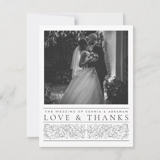 Formele scrollen bladeren zwart wit bruiloft foto bedankkaart (Voorkant)