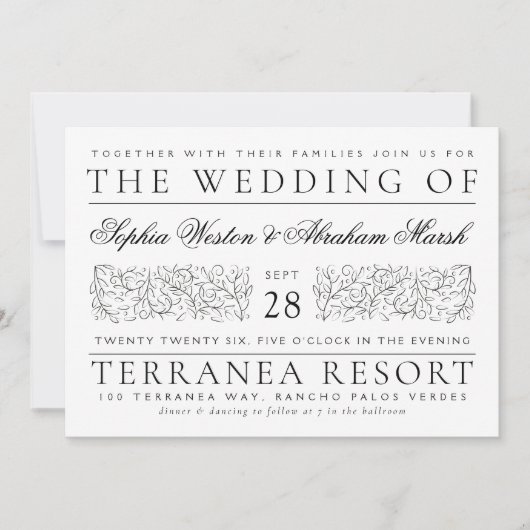 Formele scrollen bladeren zwart-wit bruiloft kaart (Voorkant)
