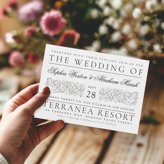 Formele scrollen bladeren zwart-wit bruiloft kaart