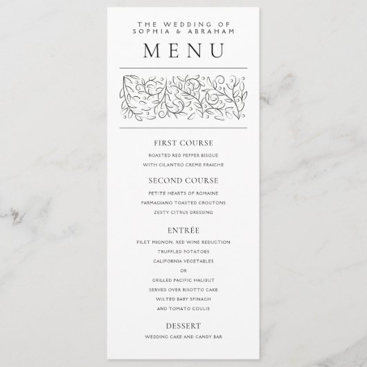 Formele scrollen bladeren zwart-wit bruiloft menu (Voorkant)